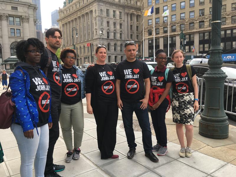 Teachers and a student from Park Slope Collegiate supported Principal Jill Bloomberg at a hearing in U.S. district court in Manhattan on Monday.