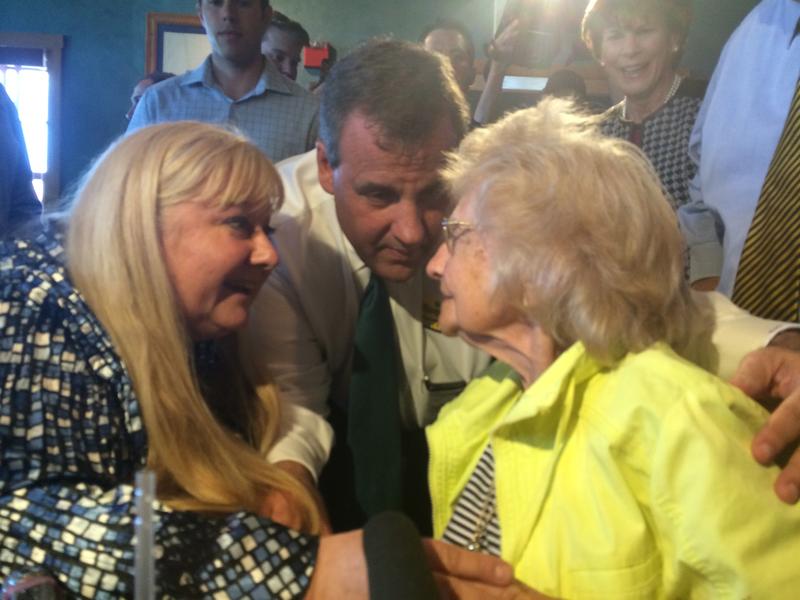 Gov. Christie greets 102-year-old Clemence Blanchard and her daughter, Summer Hebert, at T-Bones restaurant in Bedford, NH.