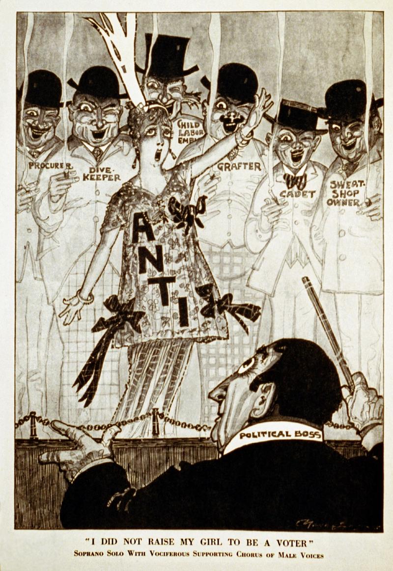 "I did not raise my girl to be a voter." Parody from Puck of the anti-World War I protest song "I Did Not Raise My Boy To Be A Soldier" with the context altered to women's suffrage.