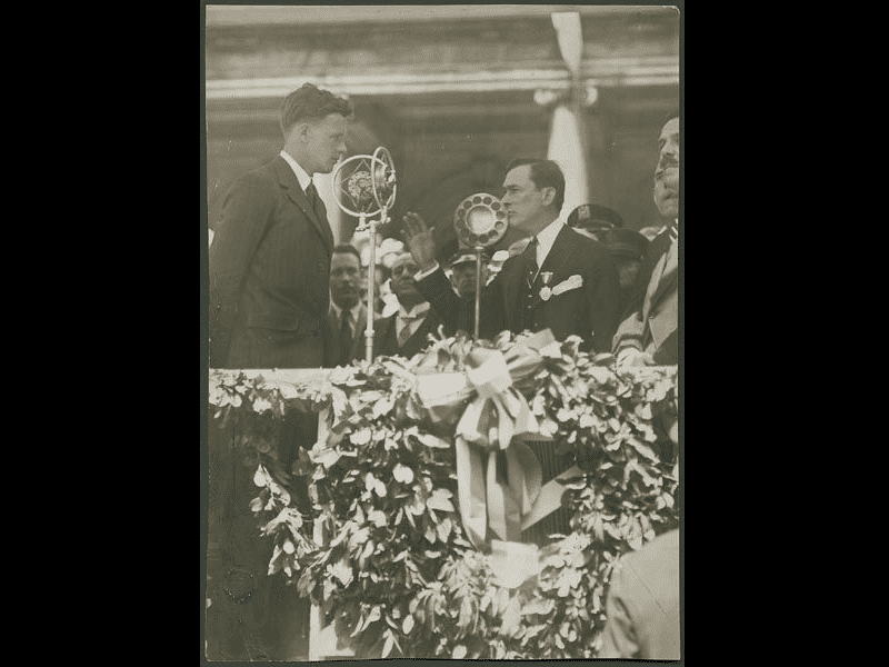 Col. Charles A. Lindbergh receives a medal from New York Mayor Jimmy Walker, June 13, 1927. The aviator had just returned from Europe following his solo flight across the Atlantic.