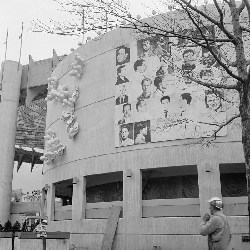 Andy Warhol, Thirteen Most Wanted Men, silkscreen on canvas, 20 x 20 ft. Installed on the exterior of the New York State Pavilion.