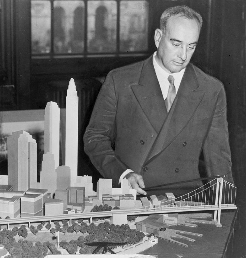 Robert Moses with Battery Bridge model in 1939.