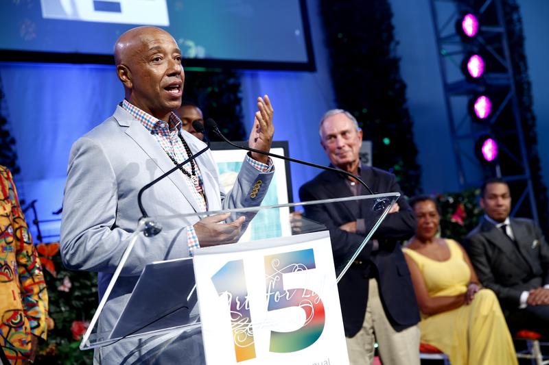 Co-founder of the Rush Philanthropic Arts foundation, Russell Simmons speaks on stage at the 15th annual Art for Life Gala hosted by Russell and Danny Simmons at Fairview Farms on July 26, 2014.