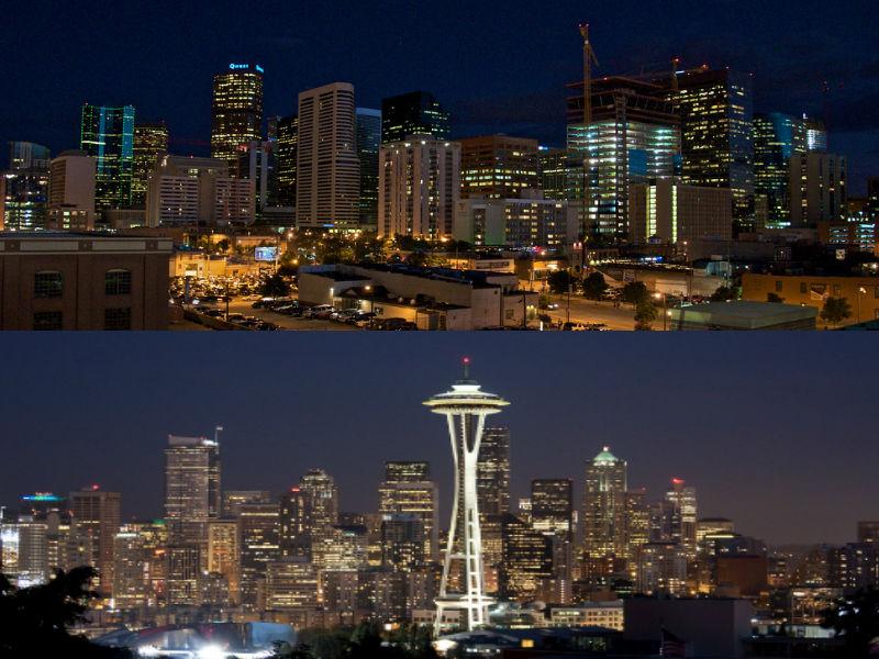 The Denver and Seattle skylines.