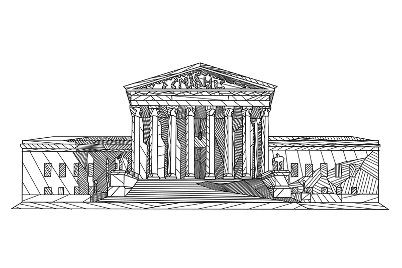 An original illustration of the Supreme Court Building in Washington, D.C. by Mitch Boyer