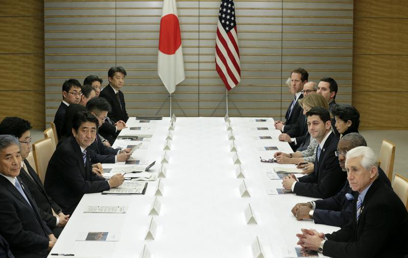 US House of Representatives Ways and Means Committee Chairman Paul Ryan talks with Japanese Prime Minister Shinzo Abe on Trans-Pacific Partnership (TPP) and other issues, February 19, 2015.