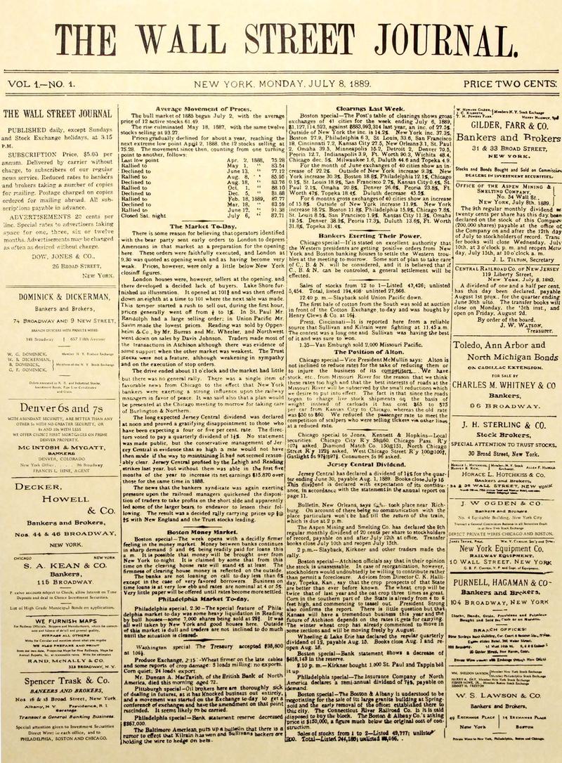 The Wall Street Journal's First Front Page, published July 8, 1889