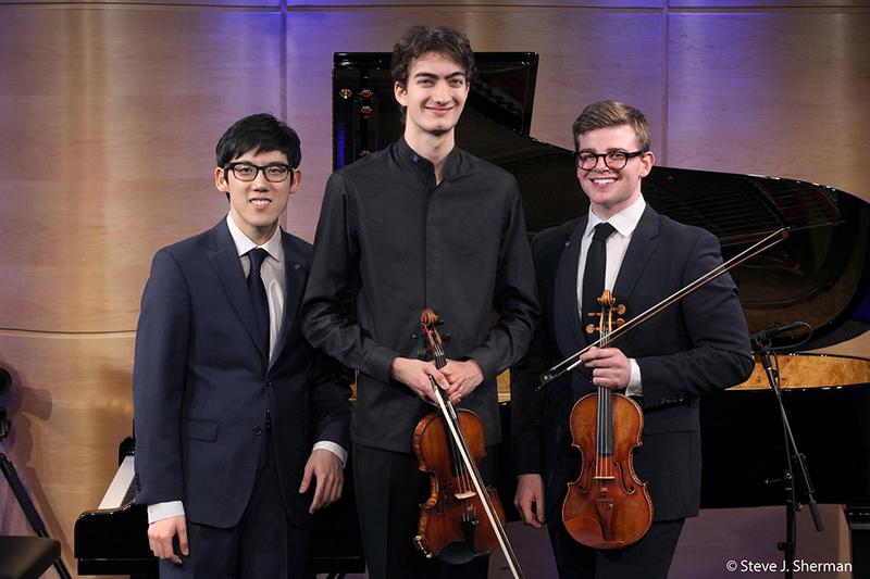 The 2017 Avery Fisher Career Grant recipients (L to R) pianist Haochen Zhang, violinist Stephen Waarts, and violinist Chad Hoopes, at the Jerome L. Greene Performance Space at WQXR.