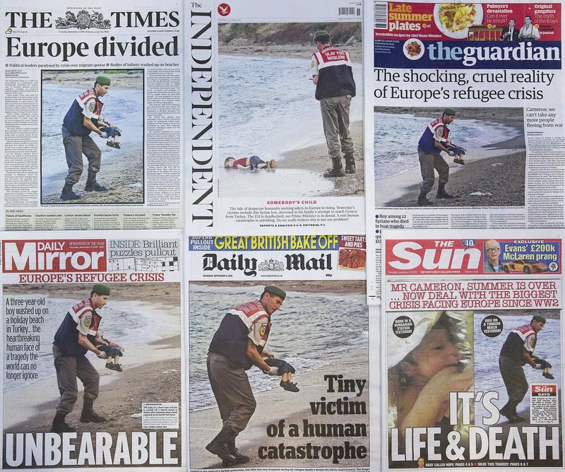 The front pages of some of Britain's daily newspapers showing an image of the body of Syrian three-year-old boy Aylan Kurdi.