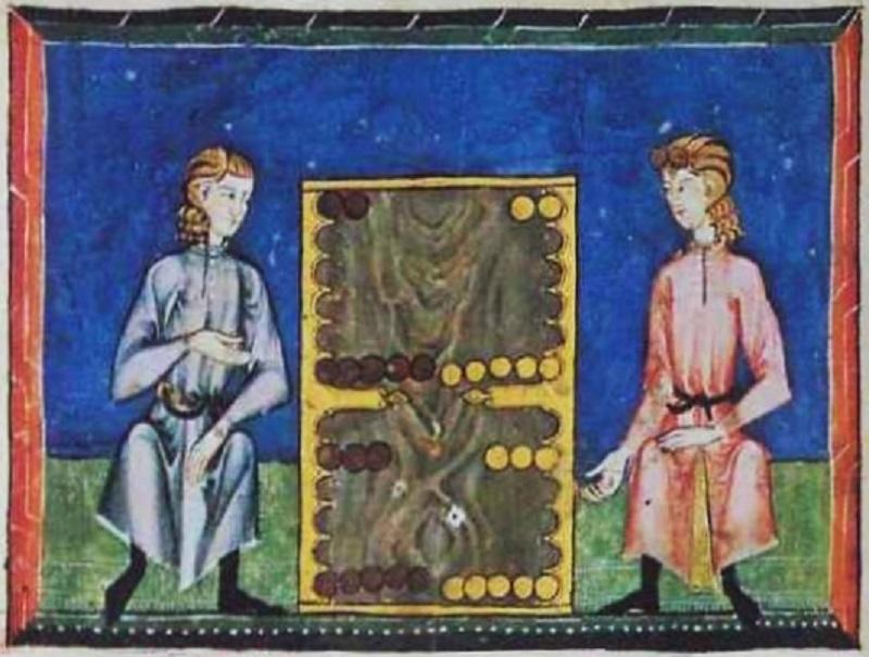 The game of todas tablas (backgammon) from the Libro de los juegos. Folio 78 recto.