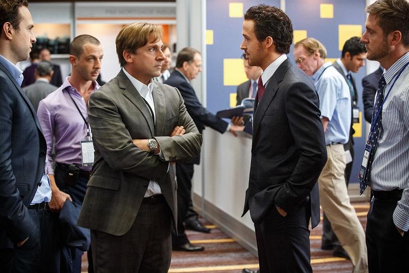 Left to right: Steve Carell plays Mark Baum and Ryan Gosling plays Jared Vennett in "The Big Short" from Paramount Pictures and Regency Enterprises.