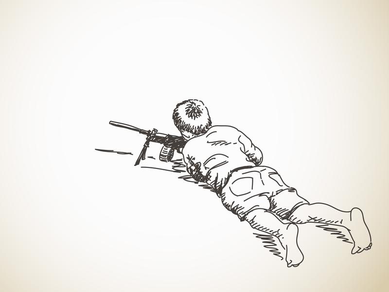 Sketch of boy playing war with machine gun.