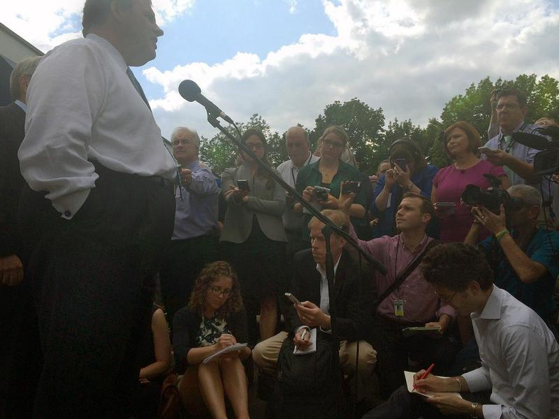 Gov. Christie speaks to a large group of reporters after mingling with voters at MJ's Restaurant in Marion, Iowa, in July.