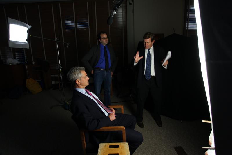 Author Chris Whipple (right) chats with Chicago Mayor Rahm Emanuel. Emanuel was President Barack Obama's first chief of staff.