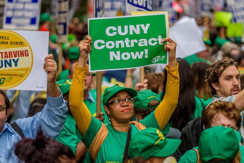 City University of New York workers and students rallied outside Governor Andrew Cuomo's offices in New York City protesting the funding cuts and demanding better wages and fair tuition on 3/10/2016.