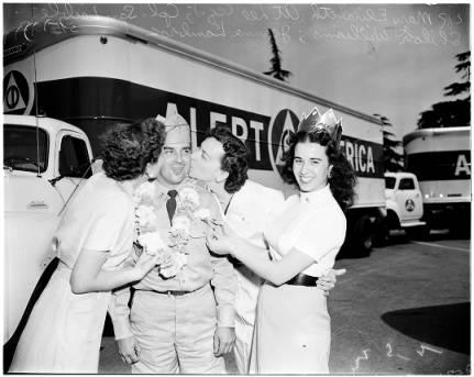 Alert America Caravan in the Los Angeles area, 15 May 1952. Mary Elizabeth at Lee (CQ); Corporal Sam Leible; Shiloh Williams; Jeanne Lambros, "Miss Alert America".