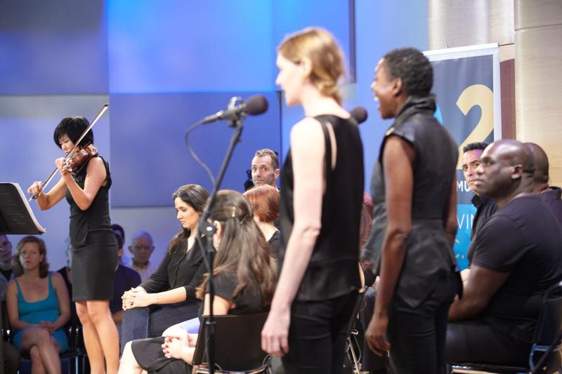 Violinst Jennifer Koh and vocalist Helga Davis with the cast from 'Einstein on the Beach' in The Greene Space