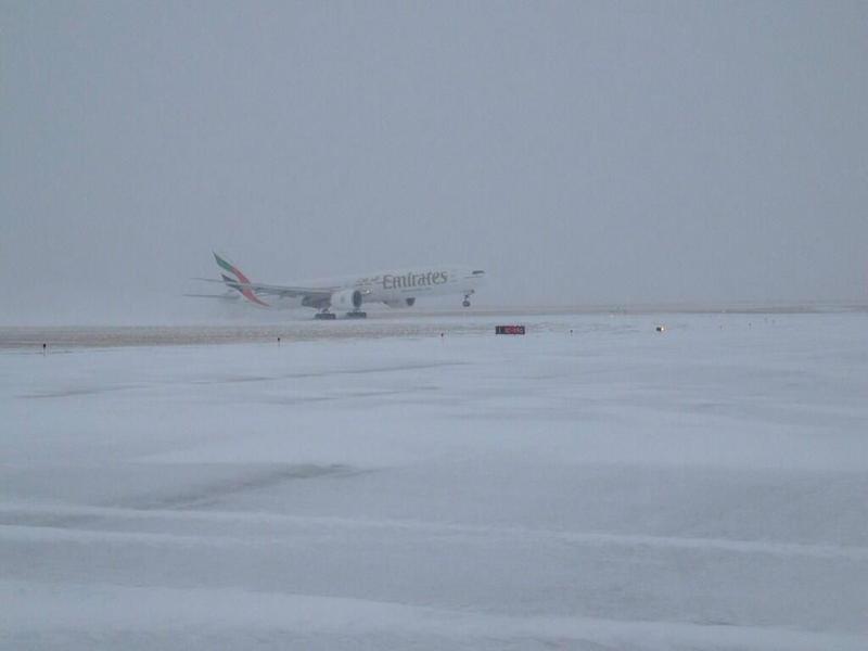 An Emirates flight landing at Dulles Airport on Monday, March 3, 2014