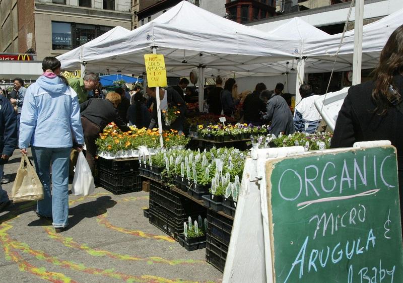 Vendors offer organically grown produce at the Union Square farmers market April 16, 2005 in New York City.