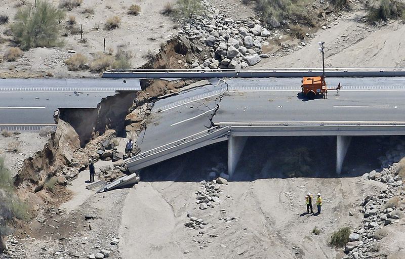 A collapsed elevated section of Interstate 10 in Desert Center, California, in 2015.