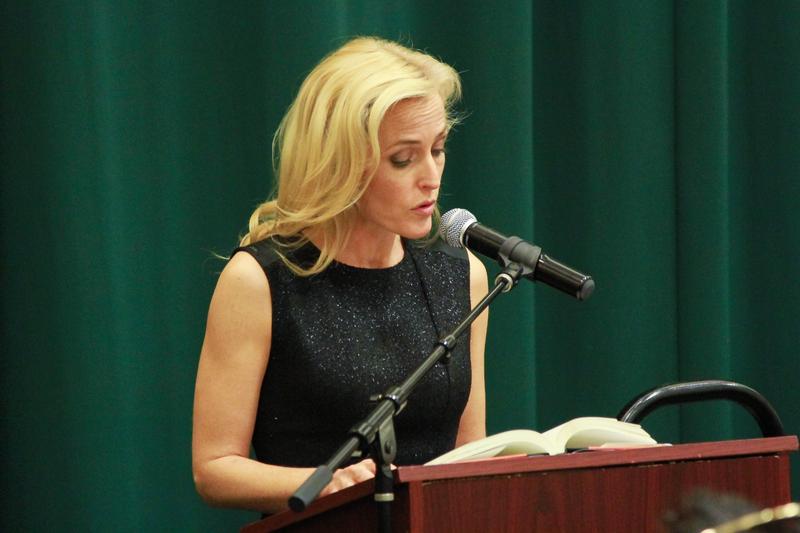 Gillian Anderson attends Gillian Anderson In Conversation With Jeff Rovin to promote new book 'A Vision of Fire' at Barnes & Noble Tribeca on October 8, 2014 in New York City.