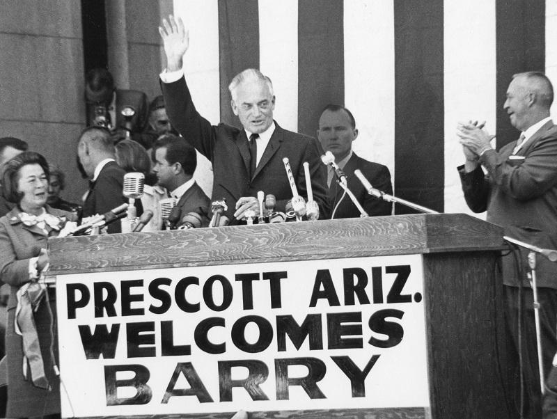 American politician US Senator Barry Goldwater (1909 - 1998) waves to supporters during his Presidential campaign, Prescott, Arizona, September 3, 1964.