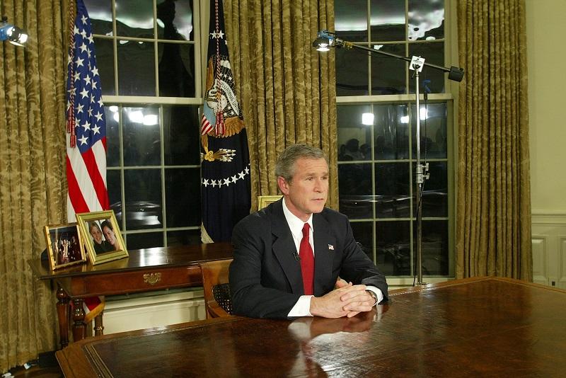 U.S. President George W. Bush addresses the nation March 19, 2003 in the Oval Office of the White House. He announced that the U.S. military struck at 'targets of opportunity' in in Iraq on March 19.