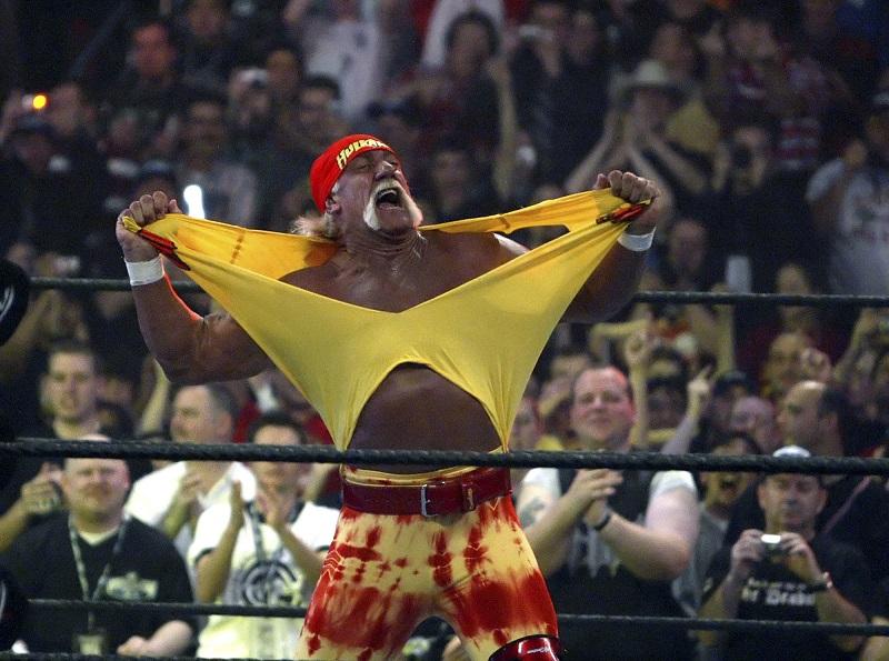 In this April 3, 2005, file photo, Hulk Hogan fires up the crowd between matches during WrestleMania 21 in Los Angeles.