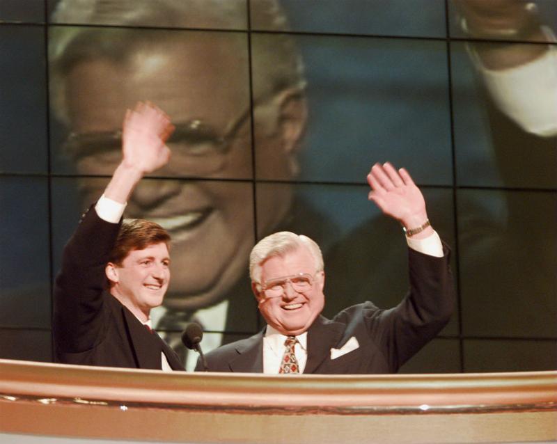 Patrick and Ted Kennedy at the podium on the last night of the DNC convention in Chicago.