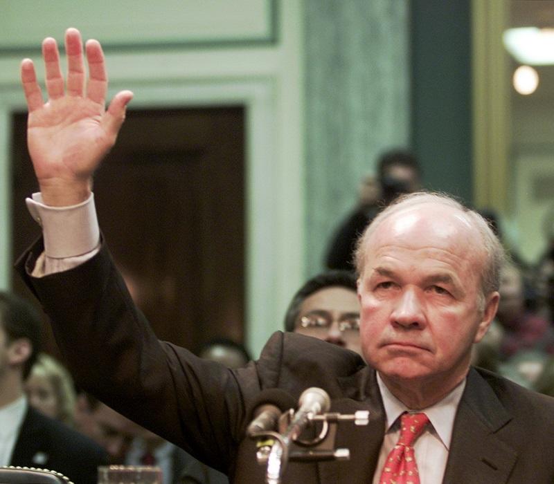 Former Enron CEO Kenneth Lay is sworn in at a Senate Commerce Committee hearing on Capitol Hill in a 2/12/2002 file photo in Washington. Lay was convicted 5/25/2006 of all 6 counts against him.