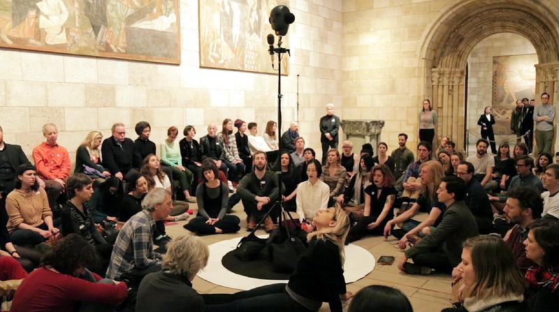 More than 100 people gathered to sing Pauline Oliveros' 'Tuning Meditation' at the Met Cloisters for a taping of Meet the Composer.