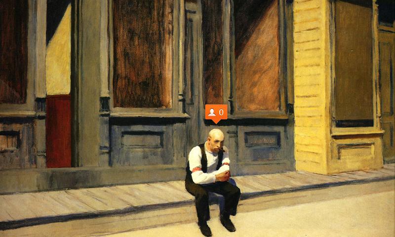 Nastya Nudnik places social media icons and emojis in works of art, like Edward Hopper's <em>Sunday</em> (1926)