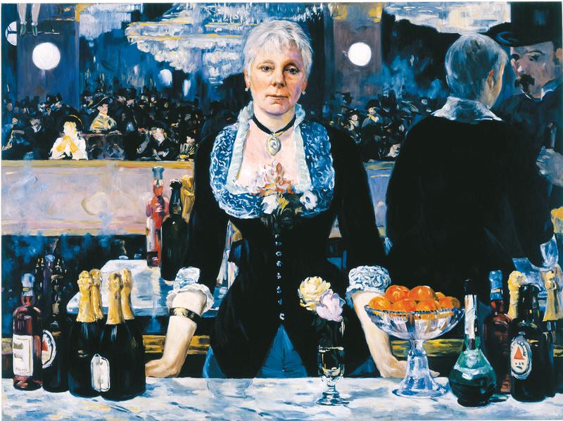 Kathleen Gilje, <em>Linda Nochlin in Manet’s Bar at the Folies-Bergere, 2005.</em> Oil on linen, 95.6 x 129.2 cm (37 ⅝ x 50 ⅞ in.)