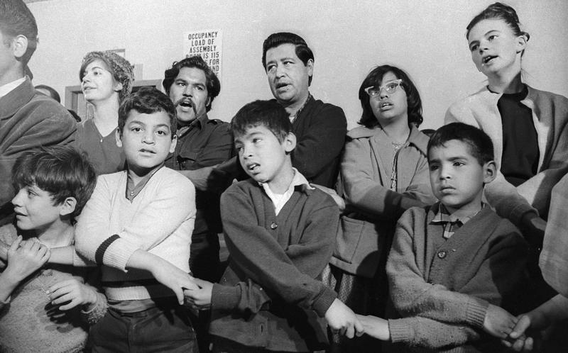Chavez at a Friday night union meeting with Luis Valdez