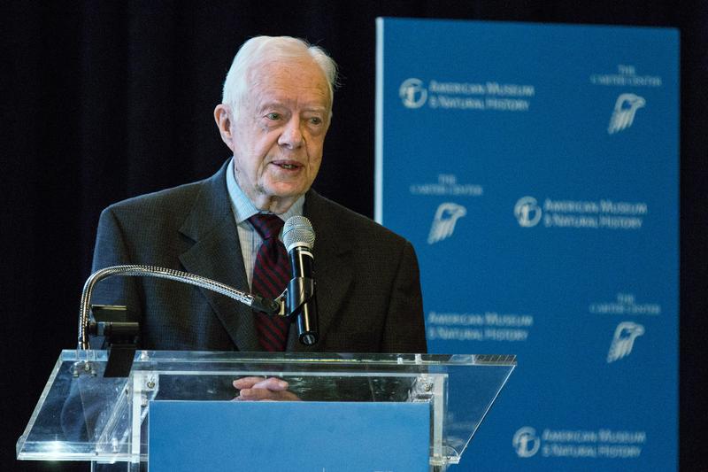 Former U.S. President Jimmy Carter speaks at a press conference to open a new exhibit at the American Museum of Natural History on January 12, 2015 in New York City.