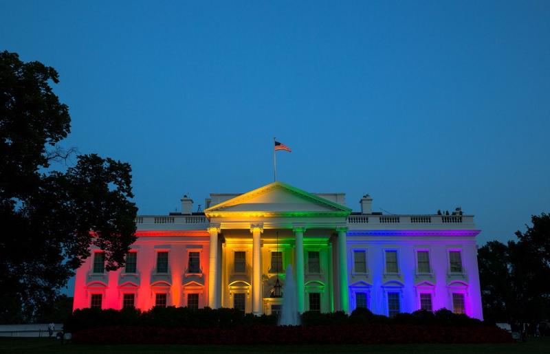 The White House is lit with the colors of the rainbow in celebration of the Supreme Court ruling on same-sex marriage, June 26, 2015.