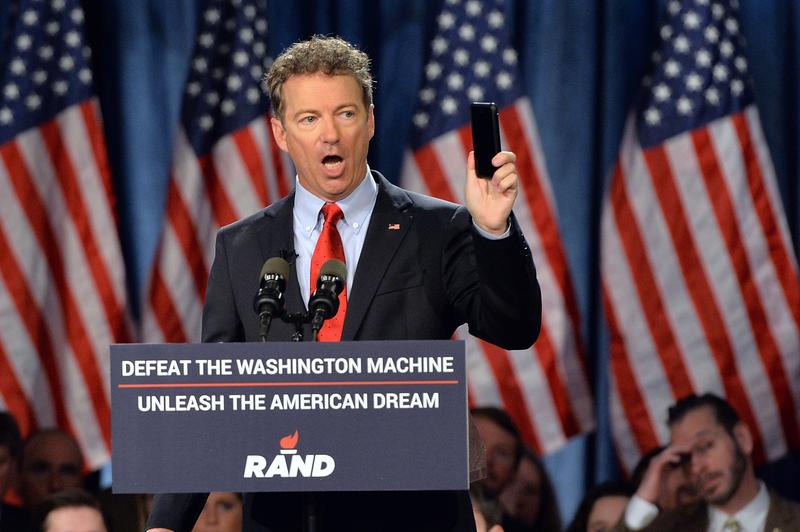 US Senator Rand Paul (R-KY) speaks to supporters during the kickoff of the National Stand with Rand tour on April 7, 2015 in Louisville, Kentucky.