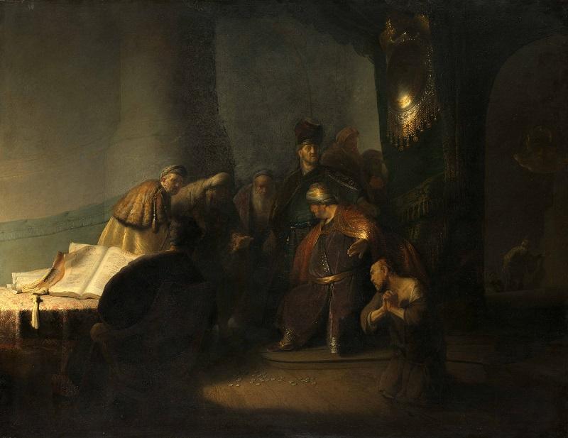 Rembrandt van Rijn (1606-1669), Judas Returning the Thirty Pieces of Silver, 1629. Oil on panel. Private collection.