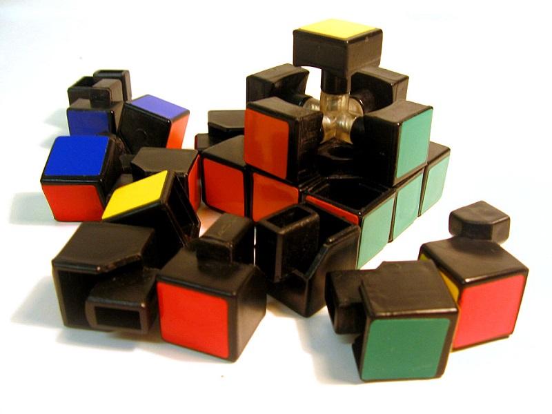 A Rubik's Cube partially disassembled.