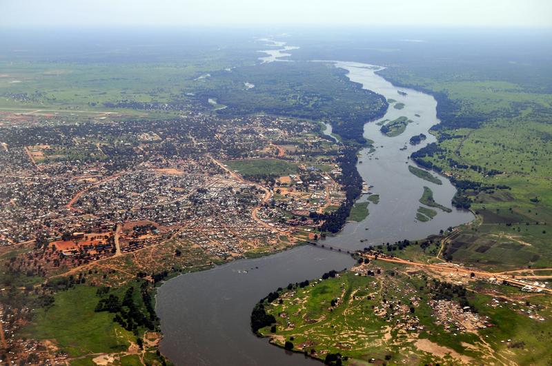 Aerial view of Juba, the capital of South Sudan, with river Nile on the right.