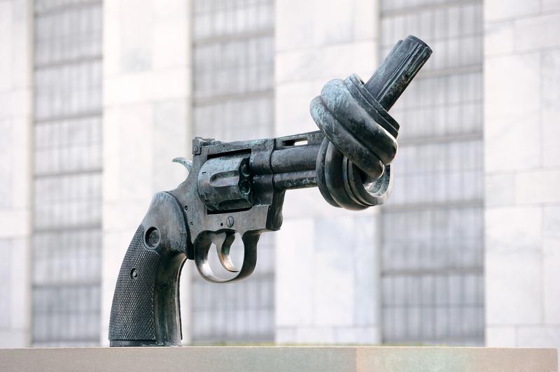 Sculpture in UN on March 30, 2011 in Manhattan, New York City. "Non-Violence" or sculpture by Fredrik Reuters