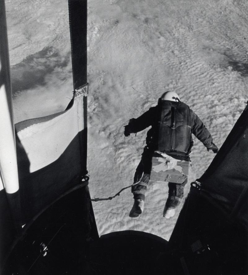 On August 16, 1960, over New Mexico, Capt. Joseph W. Kittinger, Jr. made the highest altitude drop in history. The automatic camera records the instant Capt. Kittinger bailed out of the balloon.