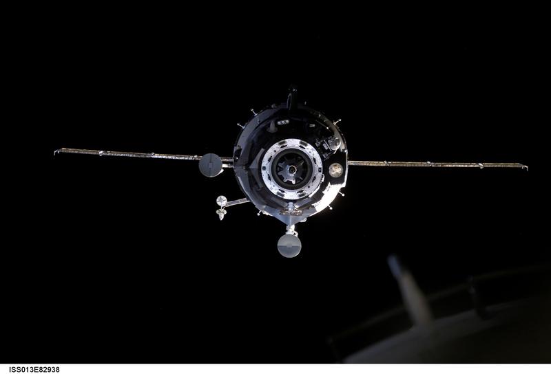 The Soyuz spacecraft approaching the International Space Station carrying the first female space tourist Anousheh Ansari in 2006.