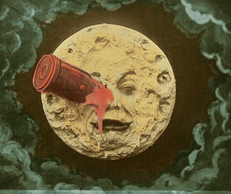 A frame from the only surviving hand-colored print of Georges Méliès's 1902 film <em>Le voyage dans la lune</em>