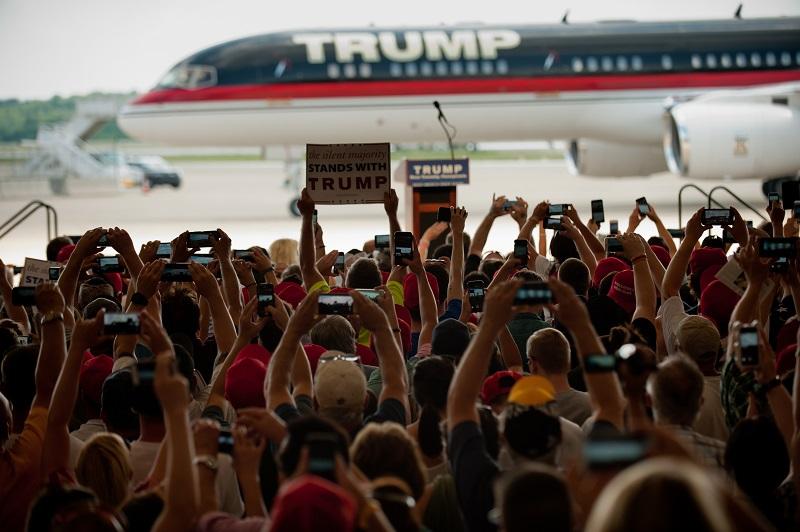 Republican candidate for President Donald Trump arrives in his plane to speak to supporters at a rally at Atlantic Aviation on June 11, 2016 in Moon Township, Pennsylvania.