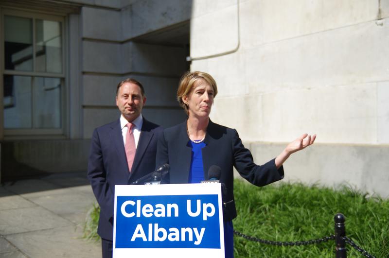GOP Gubernatorial candidate Rob Astorino (L) and Democratic challenger Zephyr Teachout hold a join press conference outside Tweed Courthouse