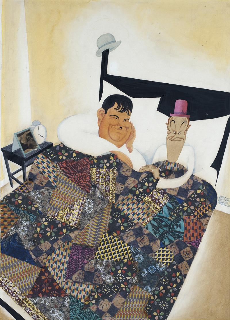 Al Hirschfeld. Laurel and Hardy. Ink, watercolor, collage wallpaper sample, and photograph, 1928. Collection of The Al Hirschfeld Foundation