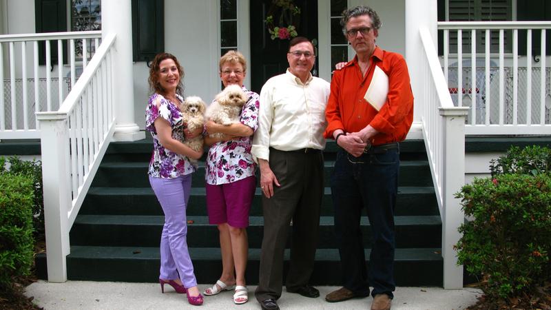 Julie, Marita, and Jim, the Siegel family of Celebration, Florida, in front of their home with host Kurt Andersen