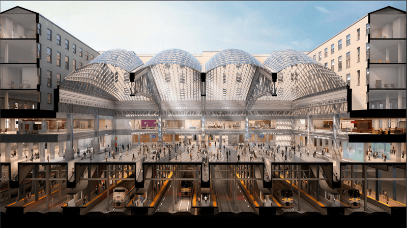 Renderings of the completed $1.6 billion Moynihan Train Hall, which is expected to open by the end of 2020. Long Island Rail Road, and Amtrak riders will have access to the tracks at Penn Station.
