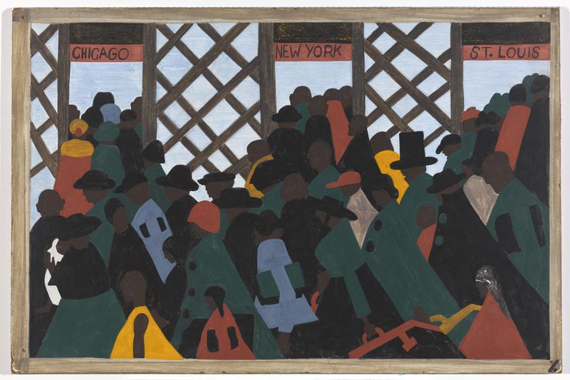 Panel 1: “During the World War there was a great migration North by Southern Negroes,” 1940-41. Casein tempera on hardboard, 18 x 12″.